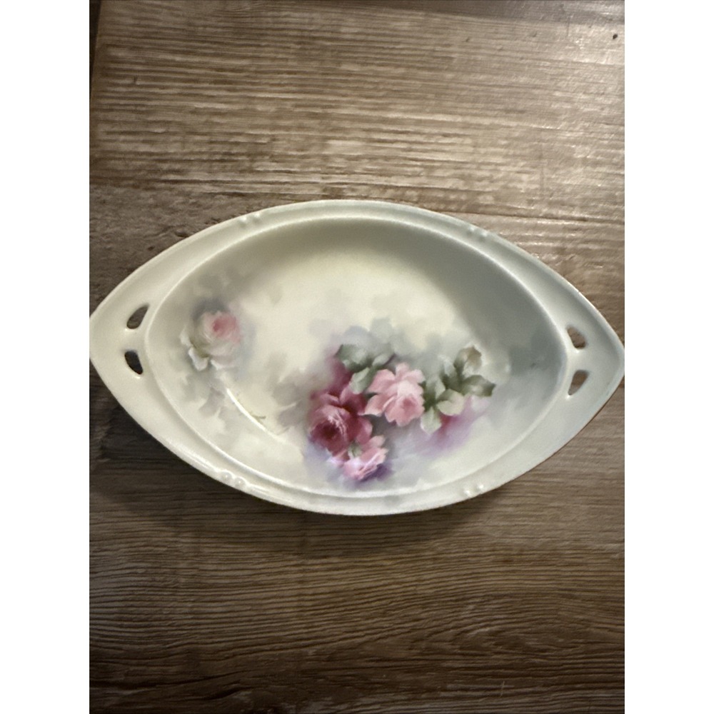 Antique RS Prussia Germany Hand Painted Individual Salt Nut Dish Pink Rose 6.25"